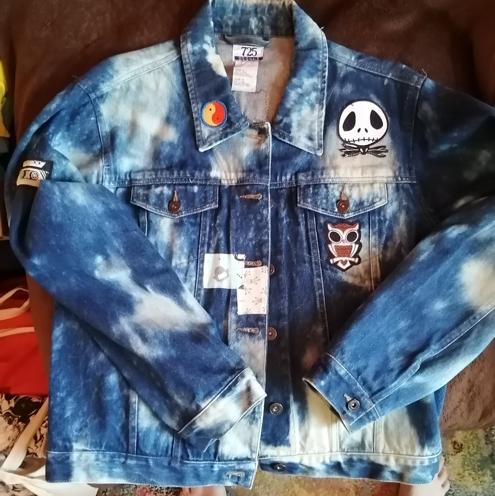 Custom DIY Vintage Acid Wash denim jacket with hand stitched patches.